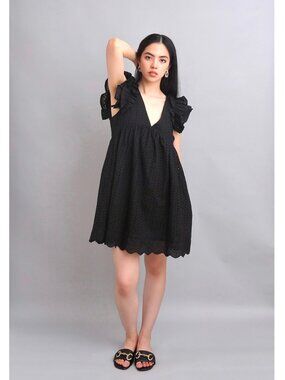 Black Eyelet Embroidered Babydoll Dress With Built-In Shorts